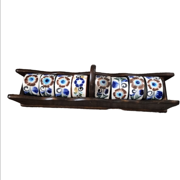 Mexican Tonala Other - Floral Ceramic Mexican Tonala Napkin Rings with Wooden Caddie